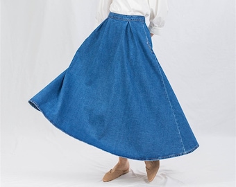 Daisy Denim Maxi Circle Skirt Medium Wash, Flared A line Swing Jean Long, Full Length for Modest Women Cloche Vintage Skirt with Pockets