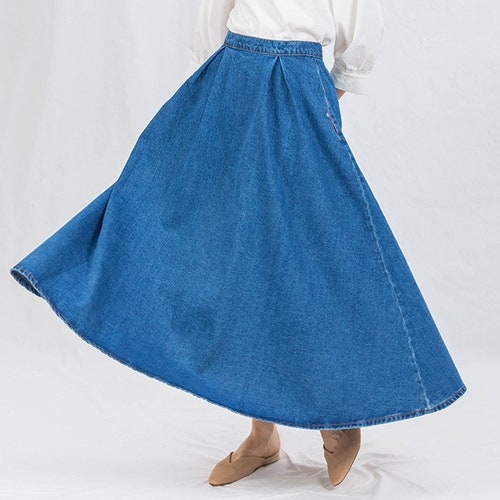 Campine Dark Blue Denim Maxi Skirt Long Soft Full Length Etsy