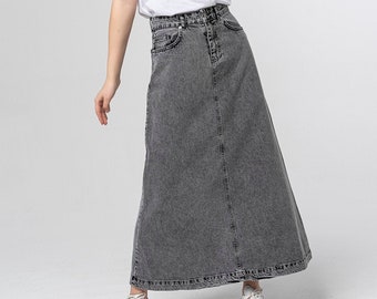 Campine Gray Denim Maxi Skirt Long Soft Full Length Modest Skirt with Pockets Fall Winter Black Custom Length