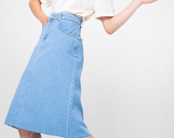 Campine Ice Blue Denim Midi Skirt Custom Length Soft Knee Length Modest Skirt with Pockets Summer