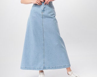 Campine Ice Blue Denim Maxi Skirt Long Soft Full Length Modest Skirt with Pockets Fall Custom Length