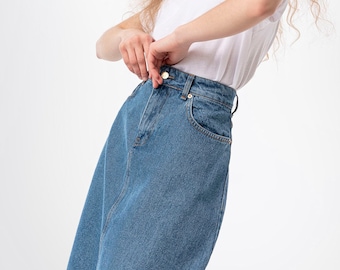 Mid length denim skirts etsy sale