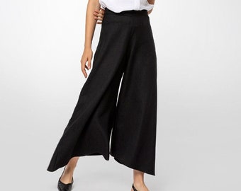 Designer Palazzo Pants Black Asymmetric Wide Leg Flared High Waist Pants Light Fabric Nontransparent Modest