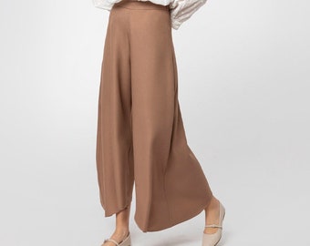 Designer Palazzo Pants Brown Asymmetric Wide Leg Flared High Waist Pants Light Fabric Nontransparent Modest