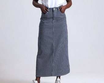 Julie Blue Striped Denim Maxi Skirt Long Soft Full Length Modest Skirt with Pockets Spring Summer Cotton A-line, Pink Romantic Custom Length