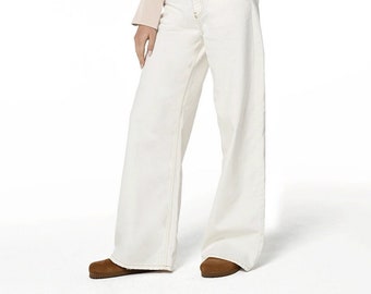 Designer Jeans, Ecru Wide Leg High Rise Jeans, High Waist Vintage Palazzo Denim Pants, Flared Cotton Lightweight Soft
