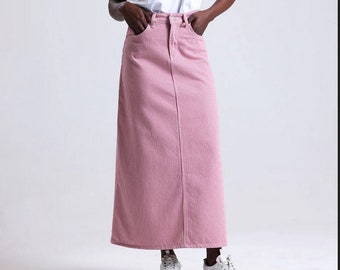 Julie Pink Striped Denim Maxi Skirt Long Soft Full Length Modest Skirt with Pockets Spring Summer Cotton A-line, Pink Romantic Custom Length