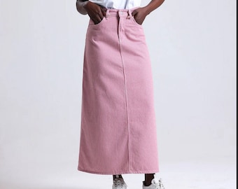 Julie Pink Striped Denim Maxi Skirt Long Soft Full Length Modest Skirt with Pockets Spring Summer Cotton A-line, Pink Romantic Custom Length