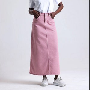 Julie Pink Striped Denim Maxi Skirt Long Soft Full Length Modest Skirt with Pockets Spring Summer Cotton A-line, Pink Romantic Custom Length