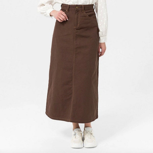 Campine Dark Brown Denim Maxi Skirt, Long Full Length Modest Skirt with Pockets, A Line Bell Shaped Skirt for Spring Fall Custom Length