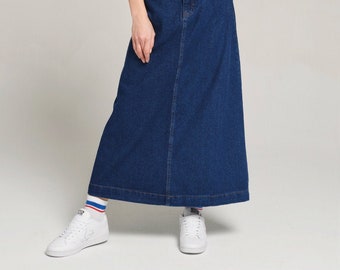 Campine Dark Blue Denim Maxi Skirt Long Soft Full Length Modest Skirt with Pockets Fall Custom Length