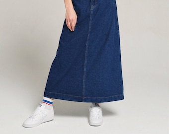 Campine Dark Blue Denim Maxi Skirt Long Soft Full Length Modest Skirt with Pockets Fall Custom Length