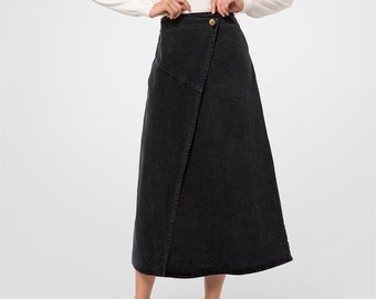 Lurdes Black Wrap Front Denim A Line Maxi Skirt Closed Wrap Bell Skirt Long Skirt High Waist Casual Work Full Length Modest Seasonal Holiday