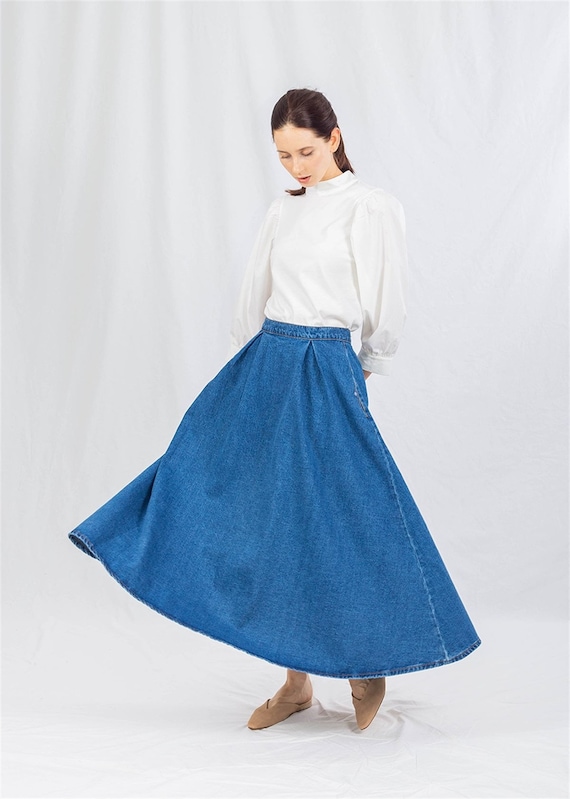 Daisy Denim Maxi Circle Skirt Medium Wash, Flared A Line Swing