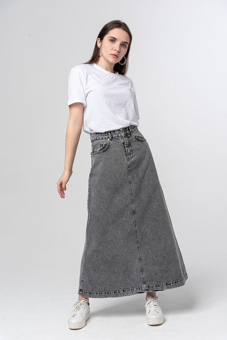 Campine Gray Denim Maxi Skirt Long Soft Full Length Modest Skirt with Pockets Fall Winter Black Custom Length image 1