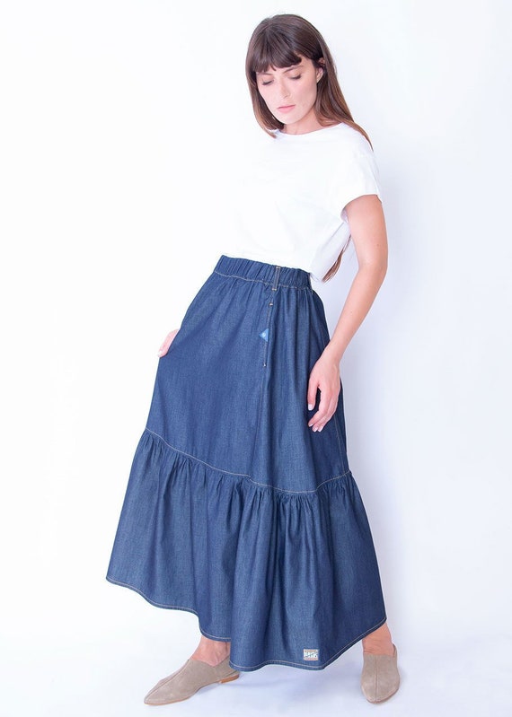 Sion Dark Wash Tiered Layers Denim Maxi A-Line Boho Skirt | Etsy