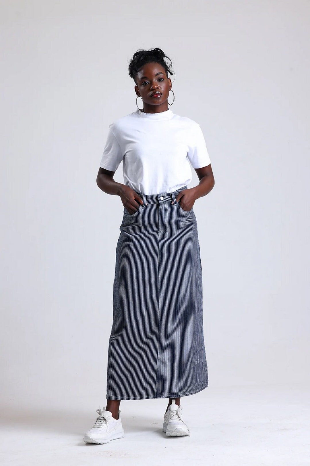 Julie Blue Striped Denim Maxi Skirt Long Soft Full Length Modest