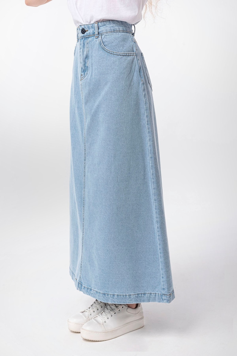 Campine Ice Blue Denim Maxi Skirt Long Soft Full Length Modest Skirt with Pockets Fall Custom Length image 2