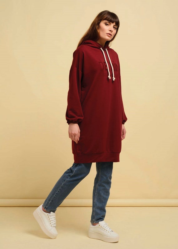 Long Sweatshirt dress Hi Low HiLo Tunic Cotton Long Sleeve Modest Sportswear Denim Pocket