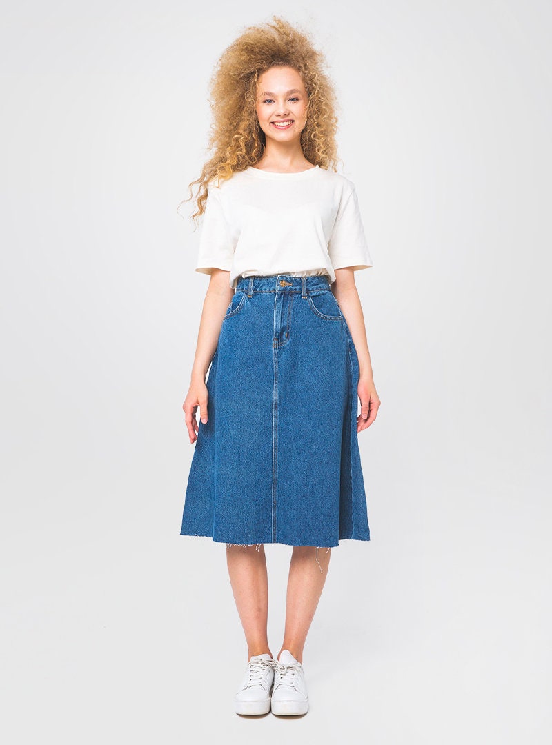 Campine Medium Wash Denim Midi Skirt Custom Length Soft Knee - Etsy