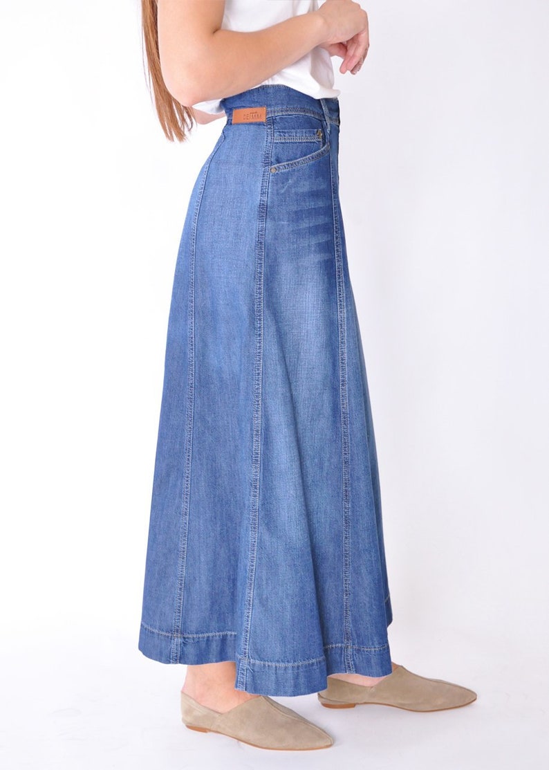Organic Medium Wash Denim Maxi Gored Skirt Long full Length | Etsy