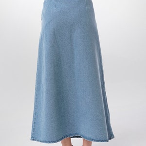 A line Wrap Front Maxi Skirt, Lurdes Bell Shaped Light Blue Denim Long Skirt, Casual Work Full Length Modest Spring Seasonal Holiday image 6