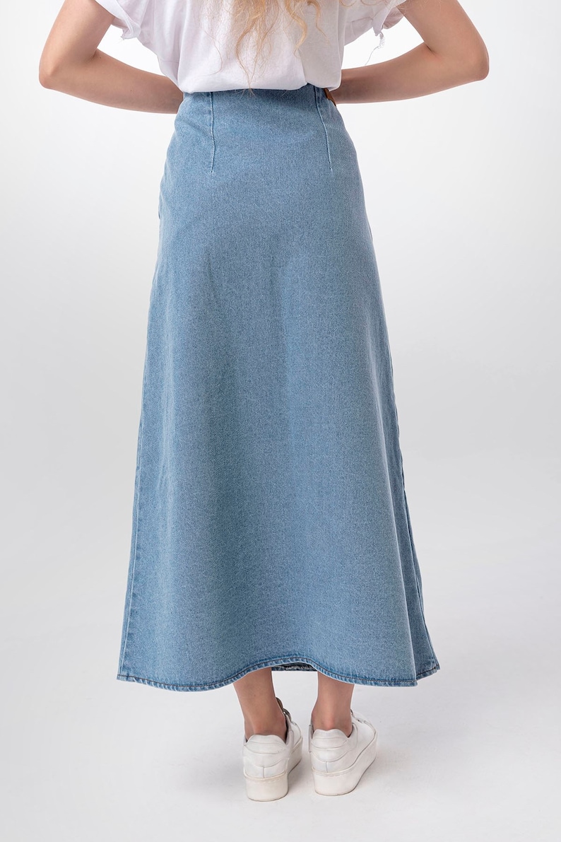 A line Wrap Front Maxi Skirt, Lurdes Bell Shaped Light Blue Denim Long Skirt, Casual Work Full Length Modest Spring Seasonal Holiday image 6