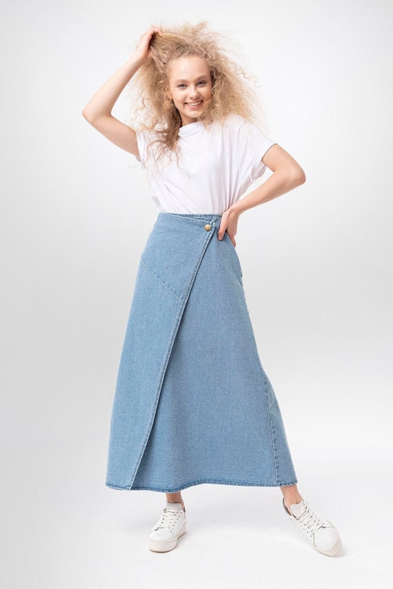 A Line Wrap Front Maxi Skirt, Lurdes Bell Shaped Light Blue Denim