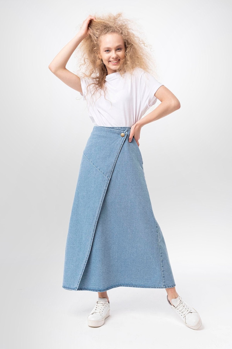 A line Wrap Front Maxi Skirt, Lurdes Bell Shaped Light Blue Denim Long Skirt, Casual Work Full Length Modest Spring Seasonal Holiday image 1