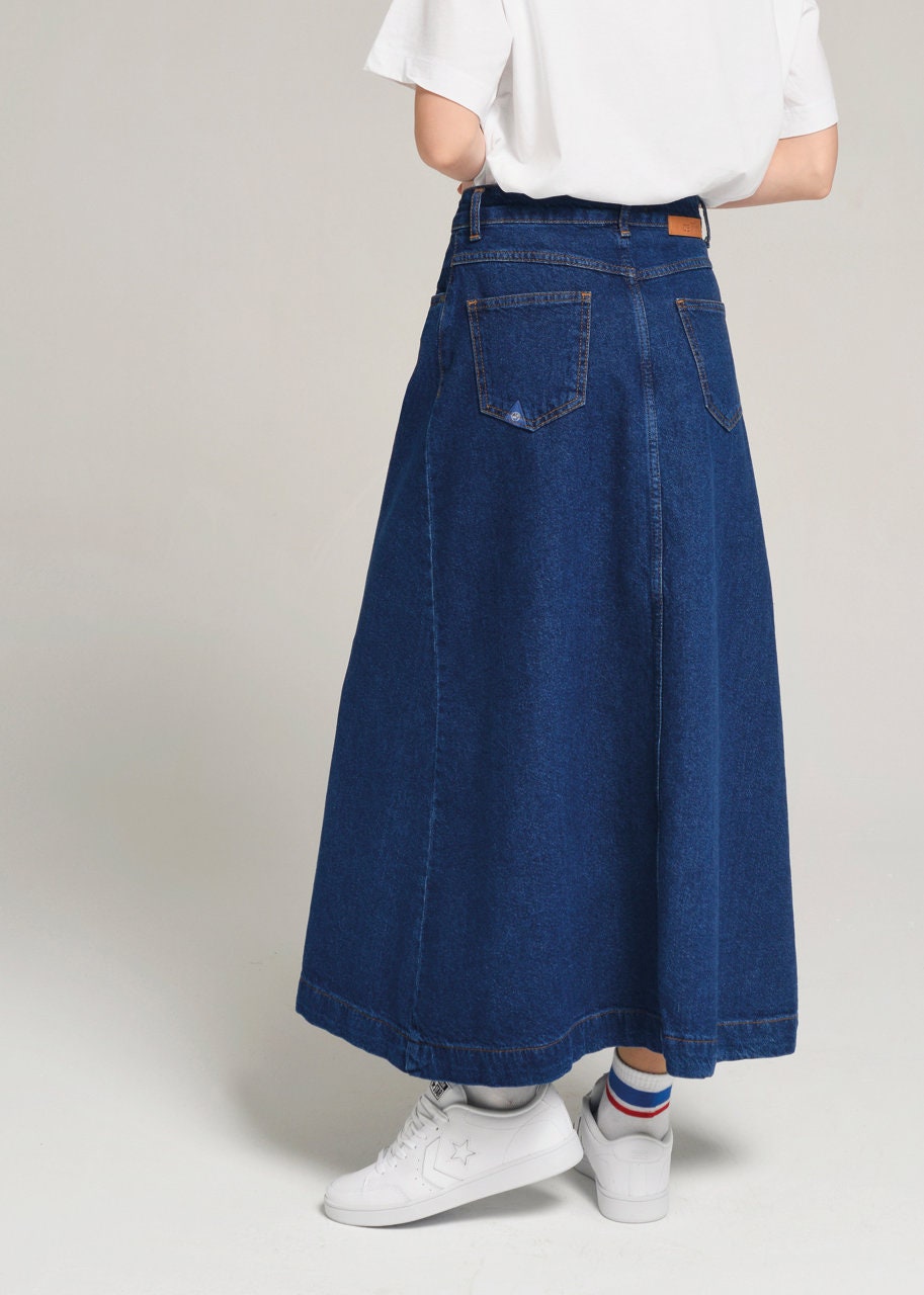 Campine Dark Blue Denim Maxi Skirt Long Soft Full Length | Etsy