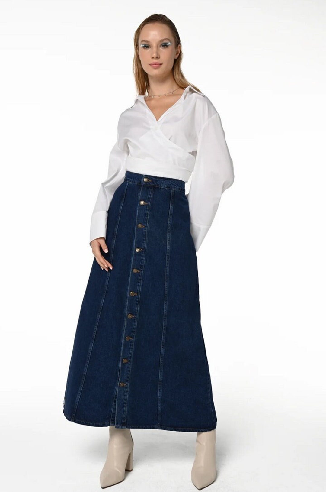 【INCHANT ME】Bobo Button Long Flared Skirt WICVIK Women's Boho Maxi A-Line Skirt with Ruffle Swing and