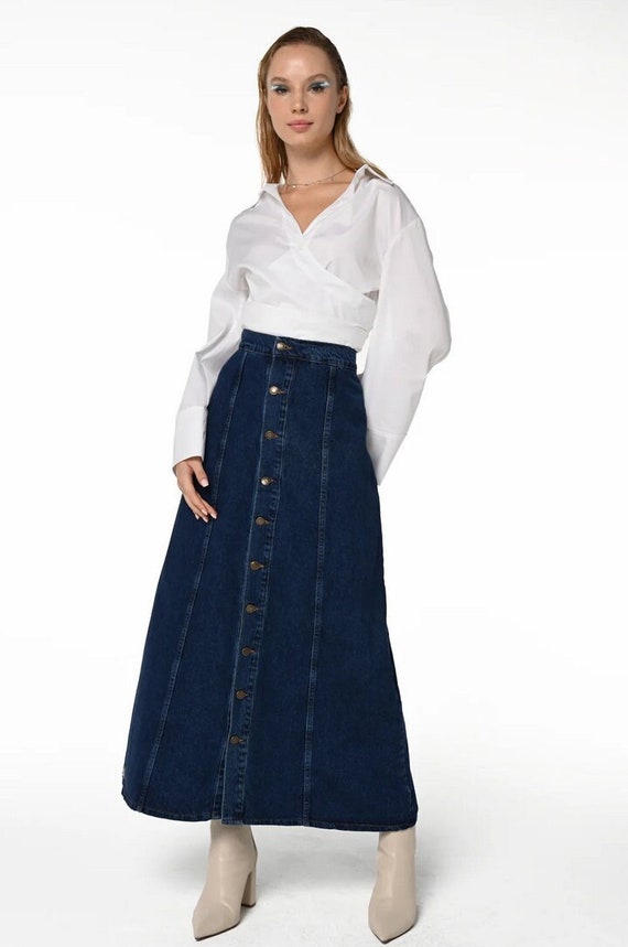 Indigo Button Front Denim Maxi Skirt A Line Long Full Length