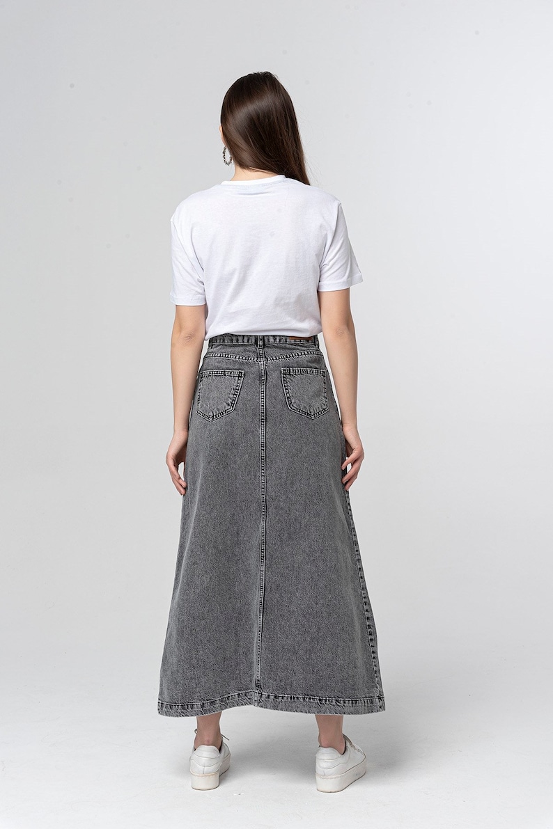 Campine Gray Denim Maxi Skirt Long Soft Full Length Modest Skirt with Pockets Fall Winter Black Custom Length image 6