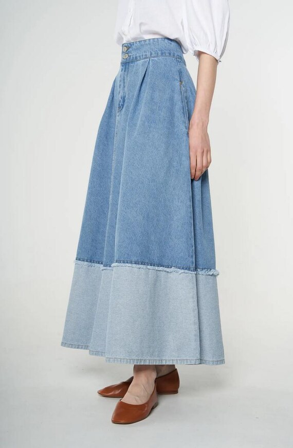 Duality Light Denim Maxi Circle Skirt Light Wash, Flared Pleated