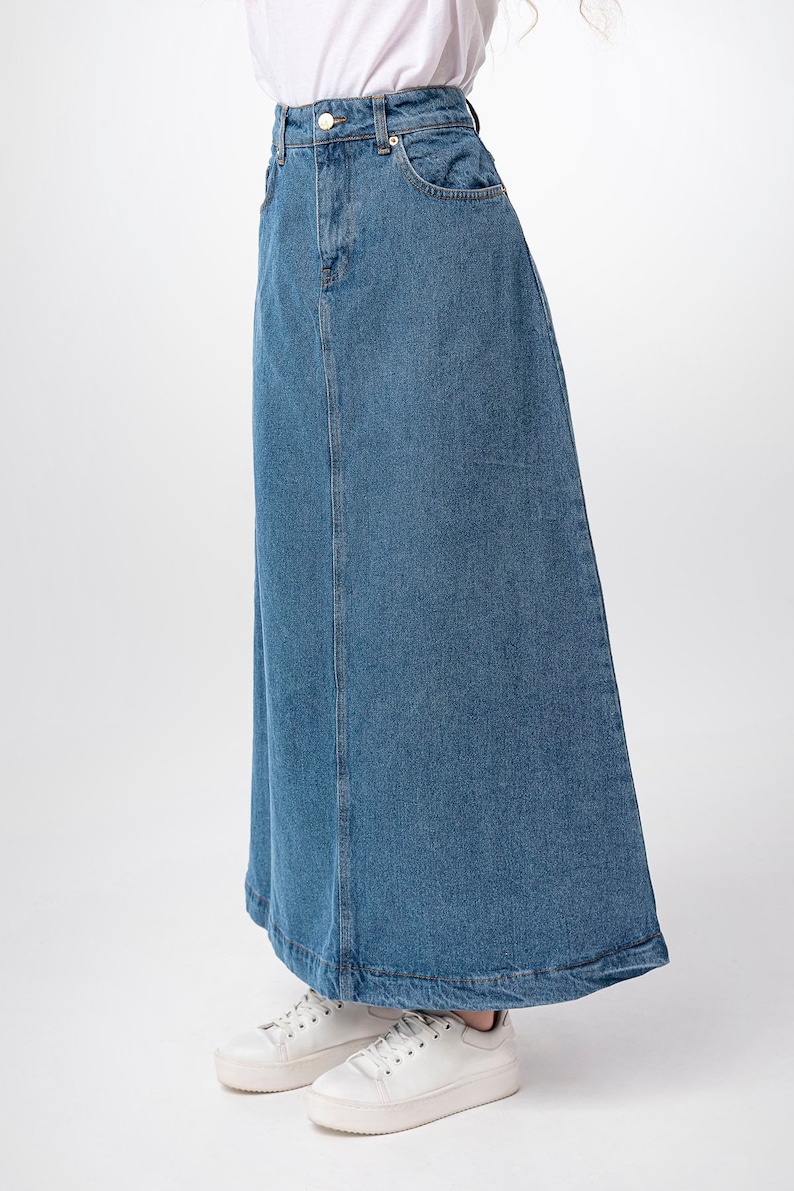 Campine Mid Tone Denim Maxi Skirt Long Soft Full Length Modest Skirt with Pockets Fall Custom Length image 4