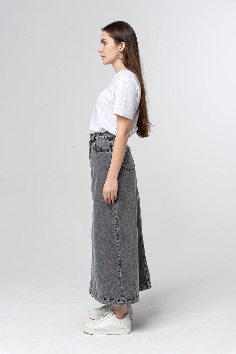 Campine Gray Denim Maxi Skirt Long Soft Full Length Modest Skirt with Pockets Fall Winter Black Custom Length image 4