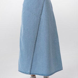 A line Wrap Front Maxi Skirt, Lurdes Bell Shaped Light Blue Denim Long Skirt, Casual Work Full Length Modest Spring Seasonal Holiday image 5