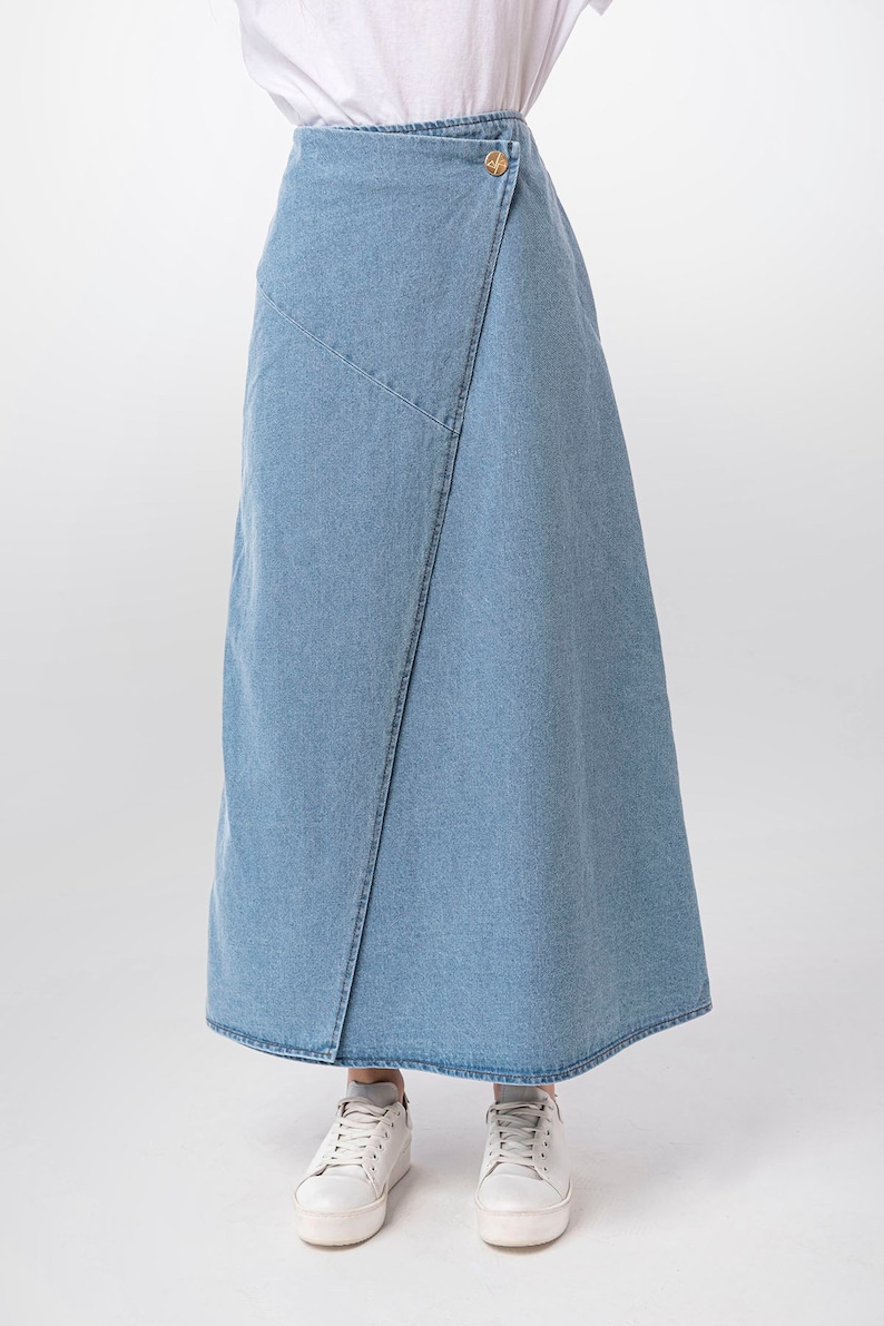 A line Wrap Front Maxi Skirt, Lurdes Bell Shaped Light Blue Denim Long Skirt, Casual Work Full Length Modest Spring Seasonal Holiday image 5