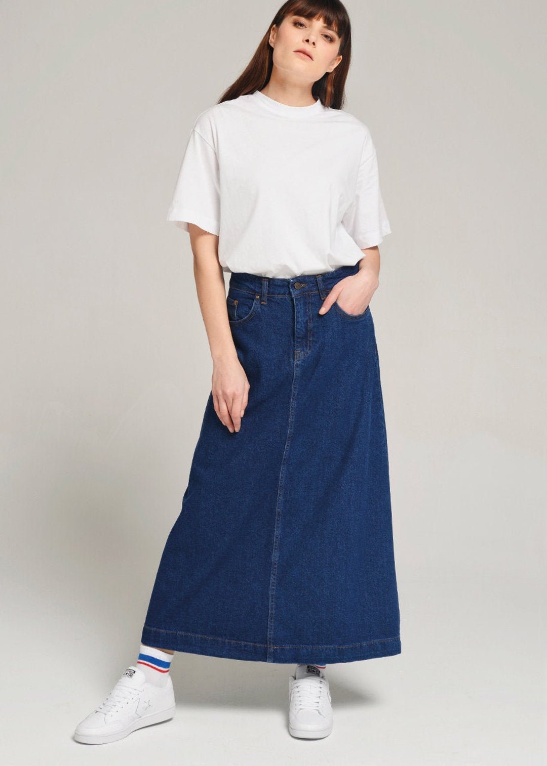 Campine Dark Blue Denim Maxi Skirt Long Soft Full Length Modest Skirt ...