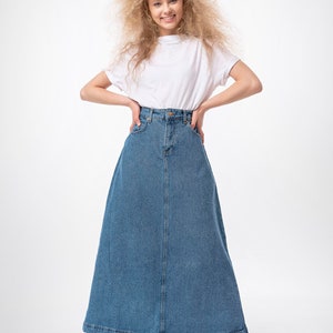 Campine Mid Tone Denim Maxi Skirt Long Soft Full Length Modest Skirt with Pockets Fall Custom Length image 3