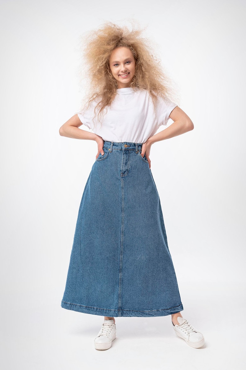 Campine Mid Tone Denim Maxi Skirt Long Soft Full Length Modest Skirt with Pockets Fall Custom Length image 3