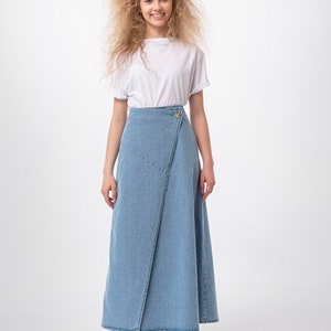 A line Wrap Front Maxi Skirt, Lurdes Bell Shaped Light Blue Denim Long Skirt, Casual Work Full Length Modest Spring Seasonal Holiday image 2