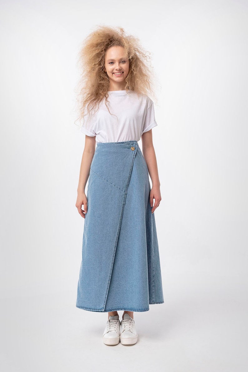 A line Wrap Front Maxi Skirt, Lurdes Bell Shaped Light Blue Denim Long Skirt, Casual Work Full Length Modest Spring Seasonal Holiday image 2