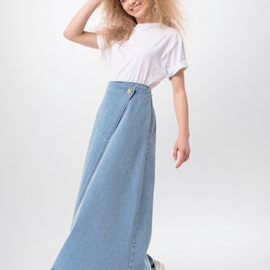 A line Wrap Front Maxi Skirt, Lurdes Bell Shaped Light Blue Denim Long Skirt, Casual Work Full Length Modest Spring Seasonal Holiday image 4