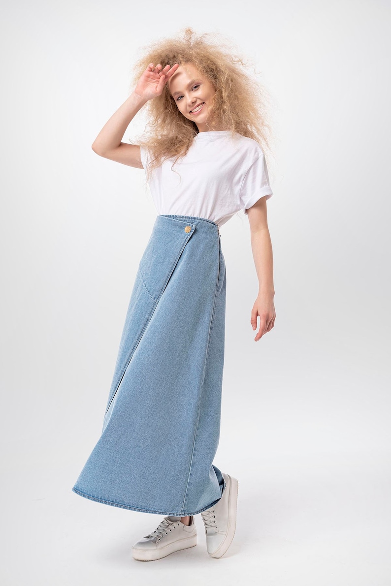 A line Wrap Front Maxi Skirt, Lurdes Bell Shaped Light Blue Denim Long Skirt, Casual Work Full Length Modest Spring Seasonal Holiday image 4