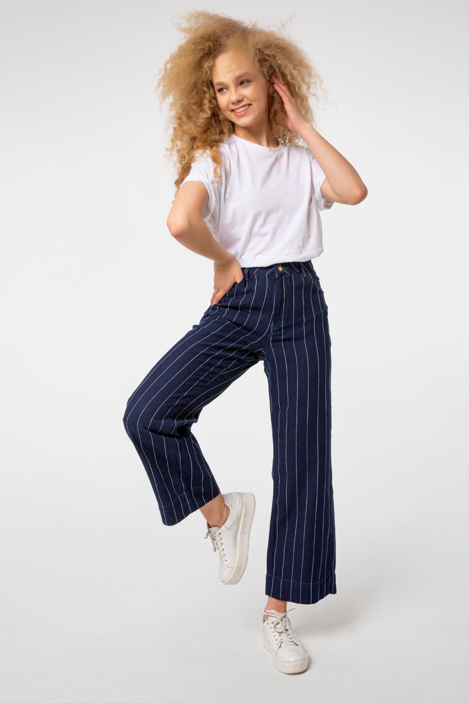 striped denim pants