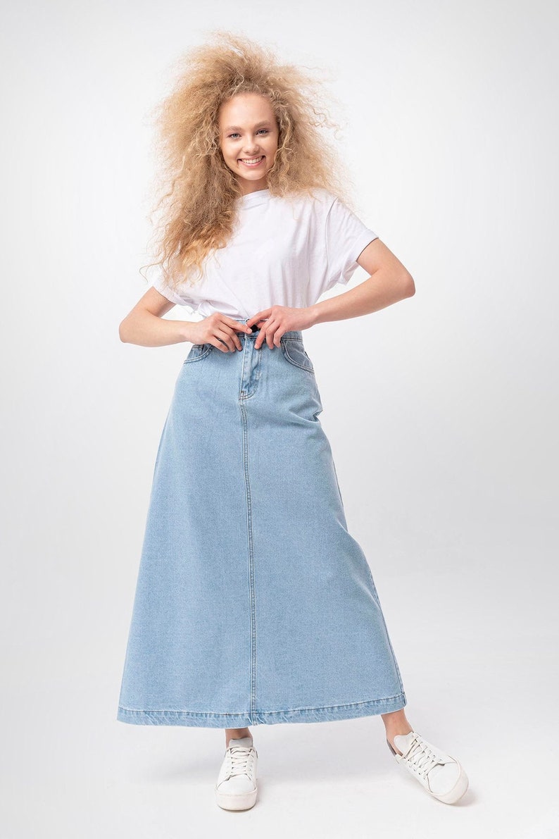 Campine Ice Blue Denim Maxi Skirt Long Soft Full Length Modest Skirt with Pockets Fall Custom Length image 1