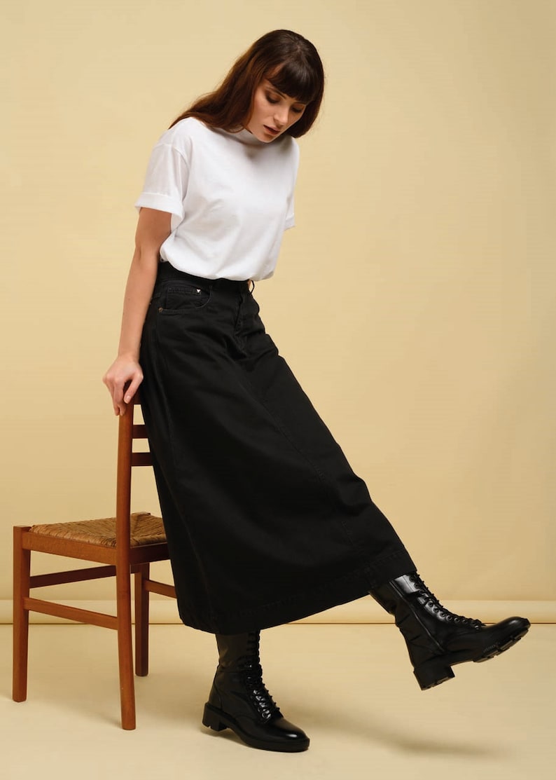 Campine Black Denim Maxi Skirt Long Soft Full Length Modest Etsy