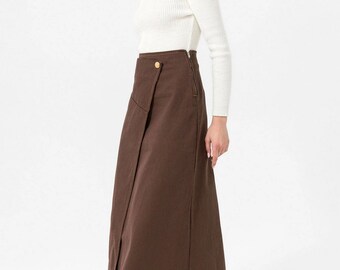 Lurdes Wrap Front A Line Brown Denim Maxi Skirt Closed Wrap Bell Skirt Long Skirt High Waist Casual Work Full Length Modest Seasonal Holiday