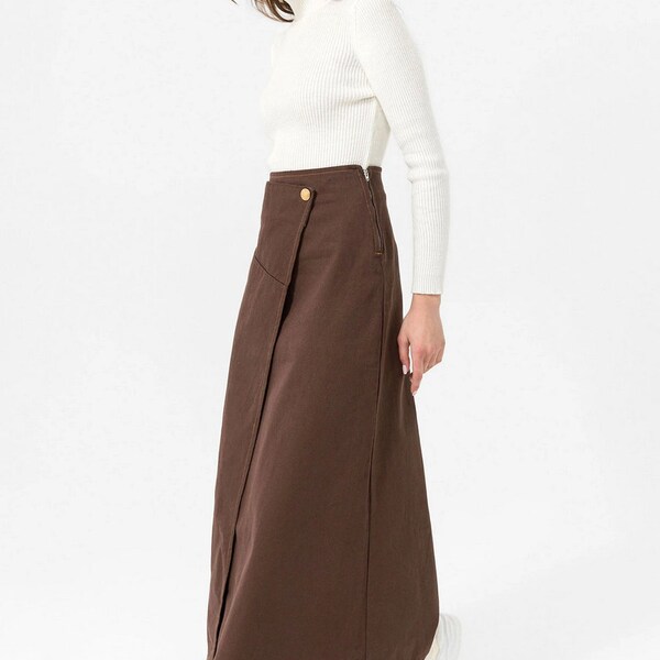 Lurdes Wrap Front A Line Brown Denim Maxi Skirt Closed Wrap Bell Skirt Long Skirt High Waist Casual Work Full Length Modest Seasonal Holiday